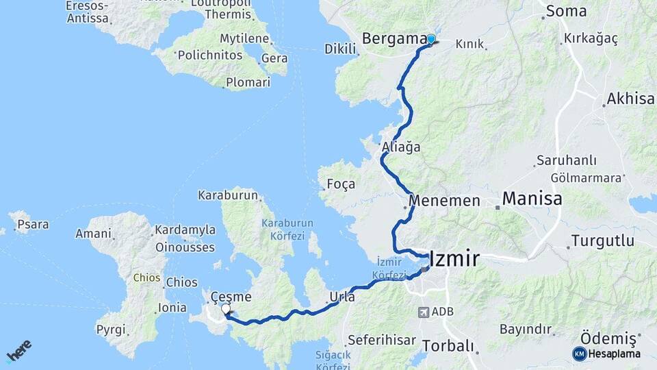 İzmir Bergama Alaçatı Çeşme Arası Kaç Km - Yol Haritası