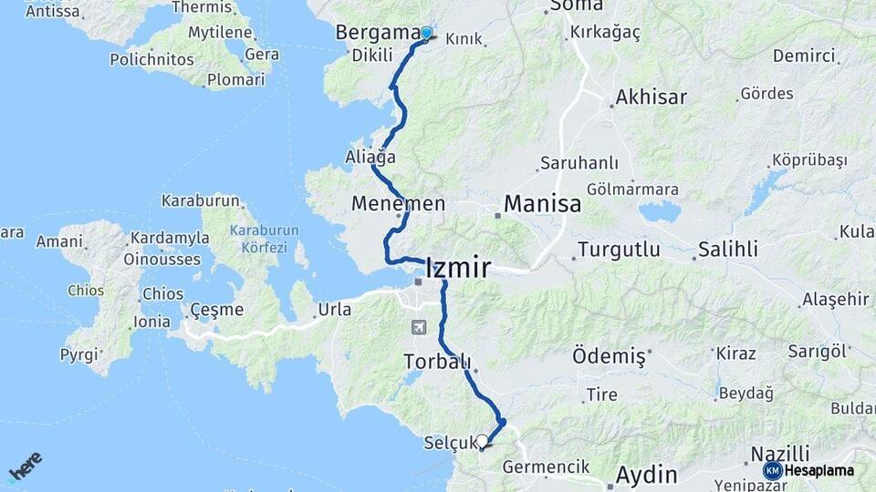 İzmir Bergama Selçuk Arası Kaç Km - Yol Haritası