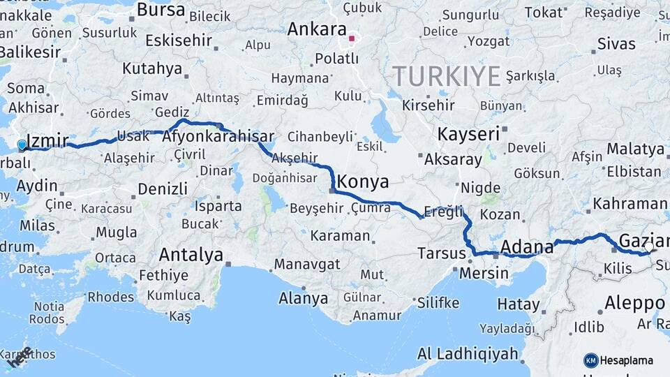 İzmir Birecik Şanlıurfa Arası Kaç Km - Yol Haritası