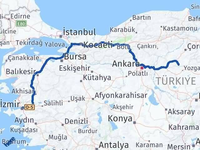 İzmir Boğazkale Çorum Arası Kaç Km - Yol Haritası