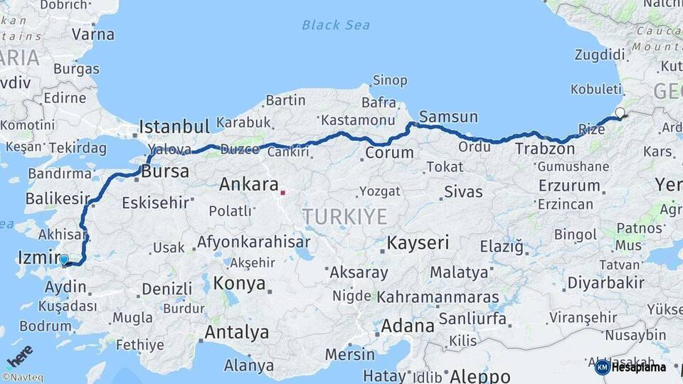 İzmir Borçka Artvin Arası Kaç Km - Yol Haritası