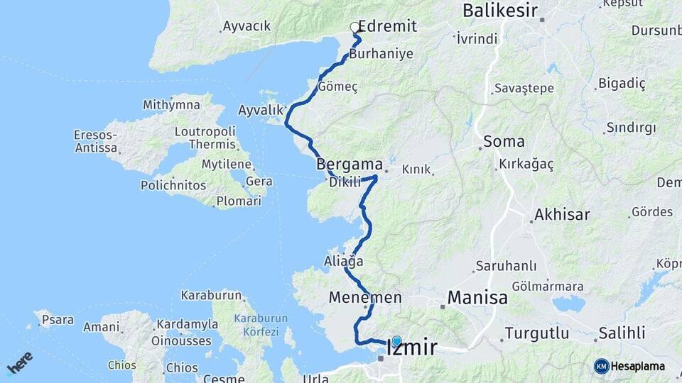 İzmir Bornova Edremit Balıkesir Arası Kaç Km - Yol Haritası