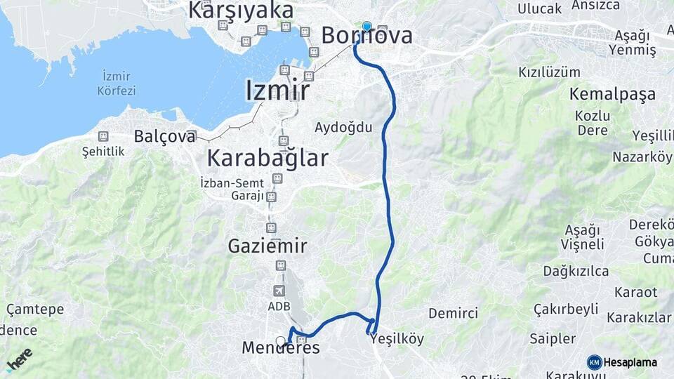 İzmir Bornova Menderes Arası Kaç Km - Yol Haritası