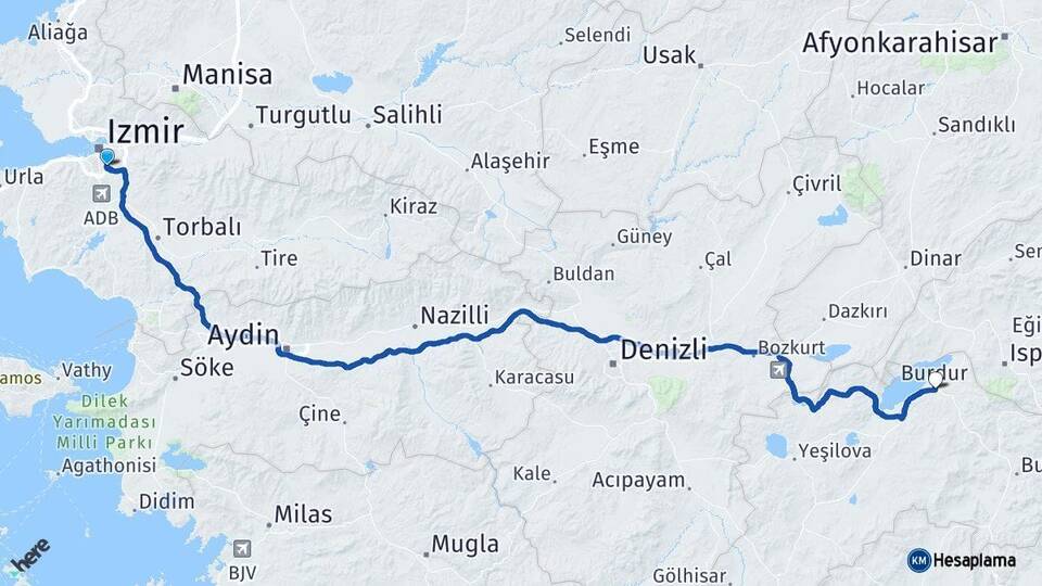İzmir Buca Burdur Arası Kaç Km - Yol Haritası