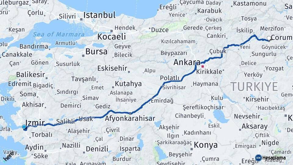 İzmir Buca Çorum Arası Kaç Km - Yol Haritası