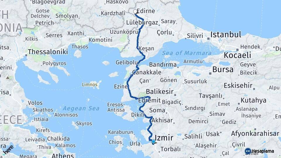 İzmir Buca Edirne Arası Kaç Km - Yol Haritası