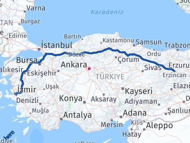 İzmir Buca Erzincan Arası Kaç Km - Yol Haritası