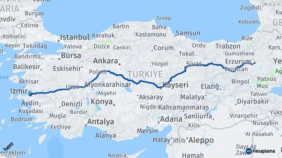 İzmir Buca Erzurum Arası Kaç Km - Yol Haritası