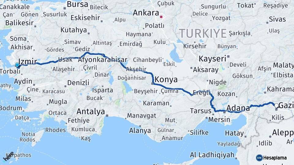İzmir Buca Gaziantep Arası Kaç Km - Yol Haritası