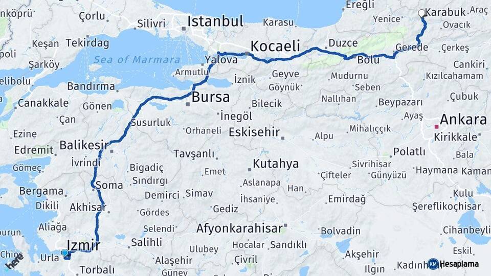 İzmir Buca Karabük Arası Kaç Km - Yol Haritası