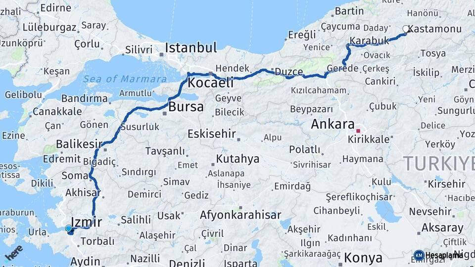 İzmir Buca Kastamonu Arası Kaç Km - Yol Haritası