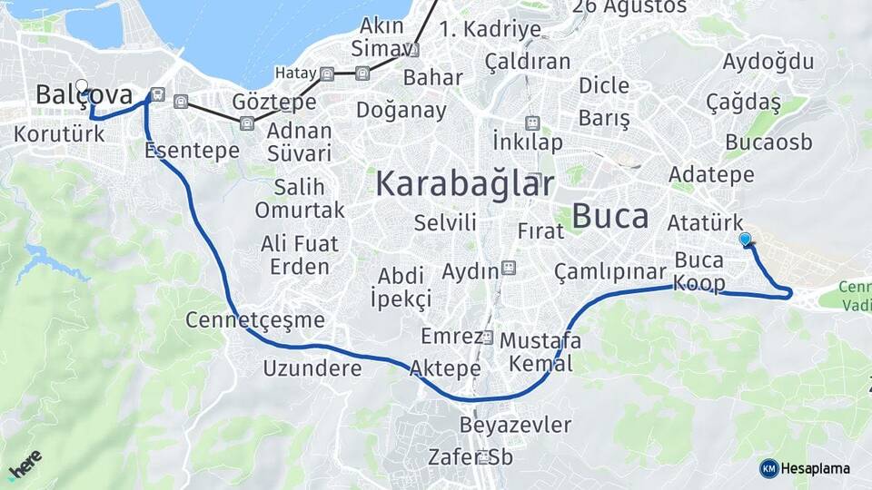 İzmir Buca Kuruçeşme Balçova Arası Kaç Km - Yol Haritası