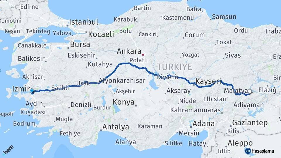 İzmir Buca Malatya Arası Kaç Km - Yol Haritası