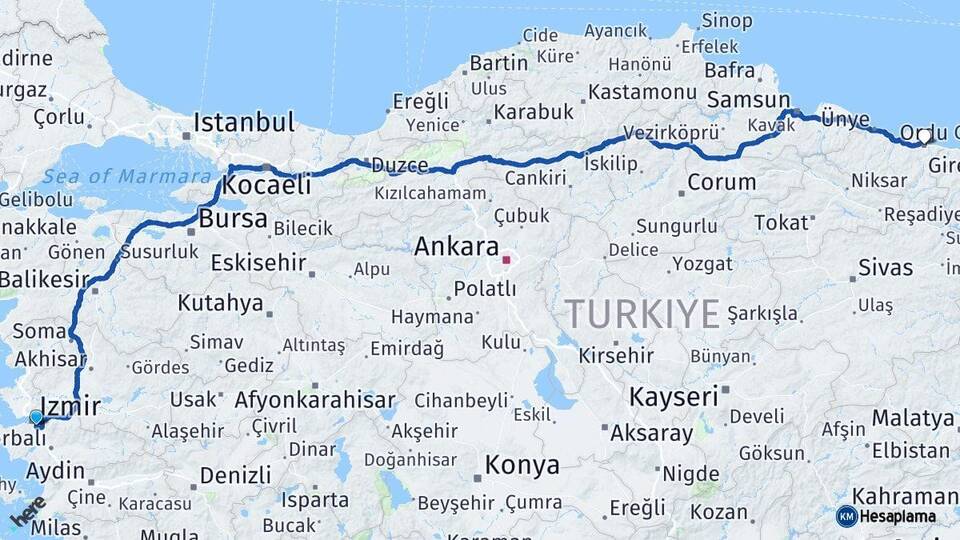 İzmir Buca Ordu Arası Kaç Km - Yol Haritası