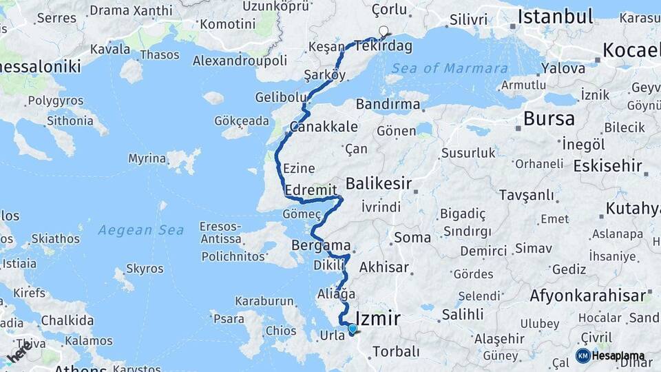 İzmir Buca Tekirdağ Arası Kaç Km - Yol Haritası