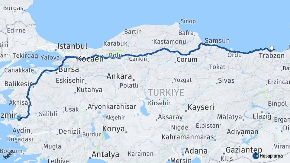 İzmir Buca Trabzon Arası Kaç Km - Yol Haritası