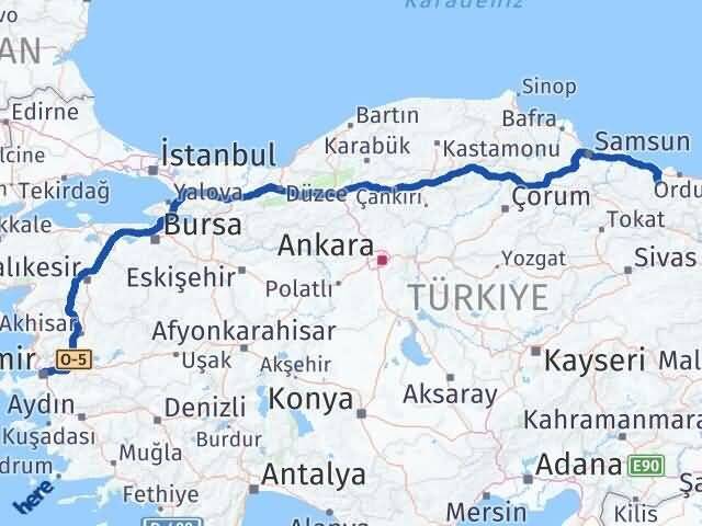 İzmir Çamaş Ordu Arası Kaç Km - Yol Haritası