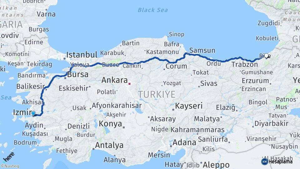 İzmir Çamlıhemşin Rize Arası Kaç Km - Yol Haritası