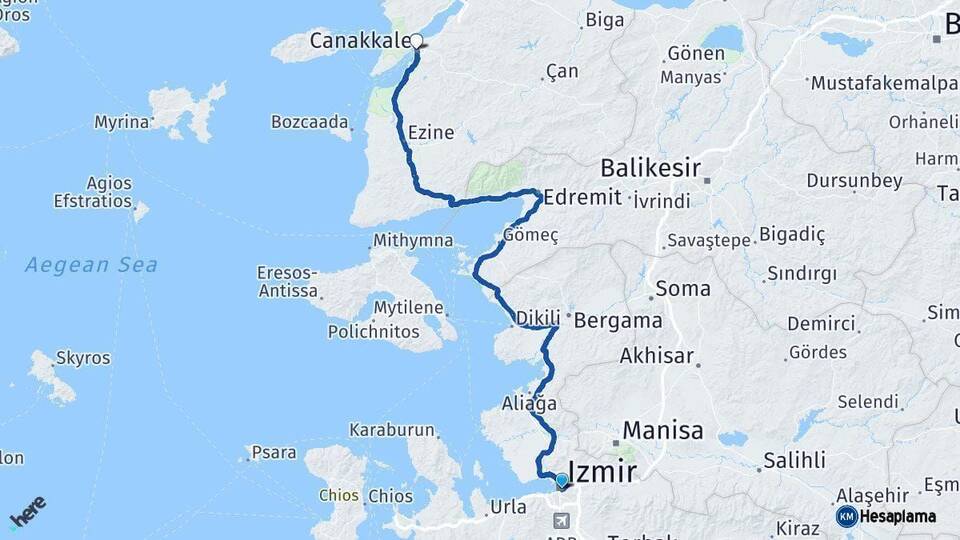 İzmir Çanakkale Arası Kaç Km - Yol Haritası
