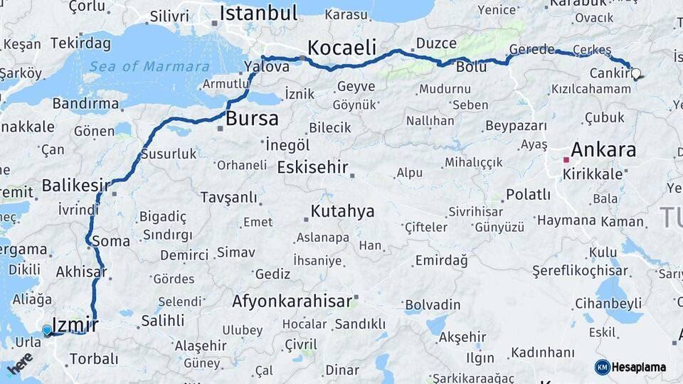 İzmir Çankırı Arası Kaç Km - Yol Haritası