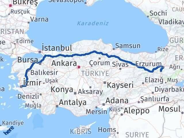 İzmir Çat Erzurum Arası Kaç Km - Yol Haritası