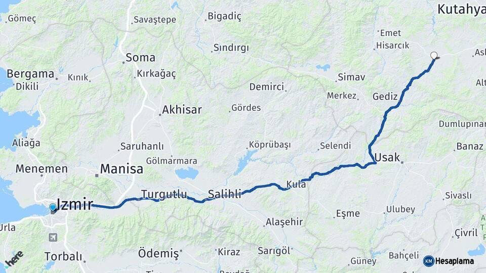 İzmir Çavdarhisar Kütahya Arası Kaç Km - Yol Haritası
