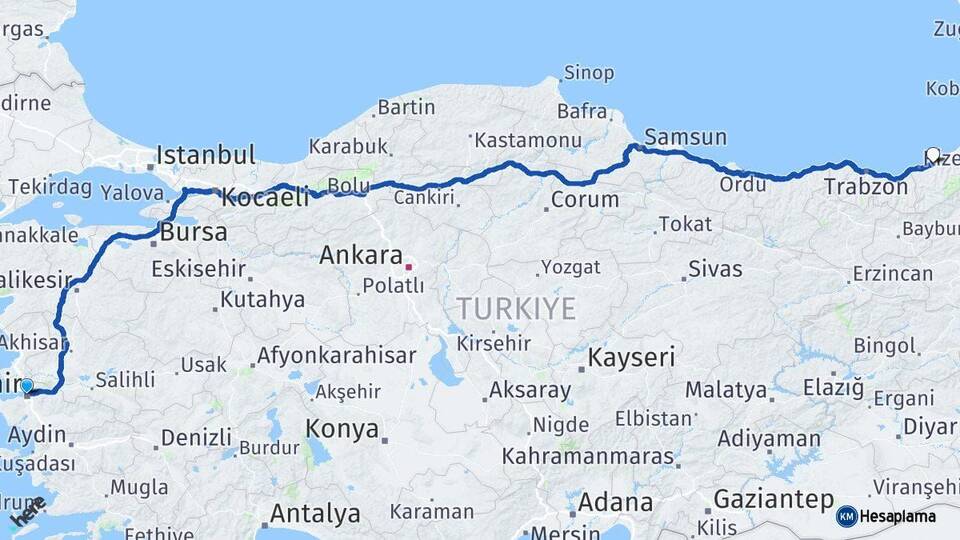İzmir Çayeli Rize Arası Kaç Km - Yol Haritası