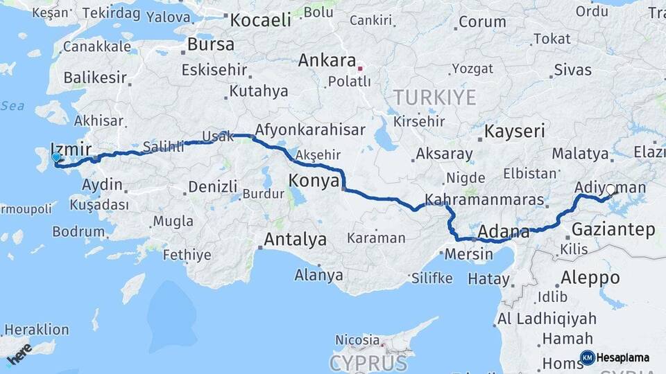 İzmir Çeşme Adıyaman Arası Kaç Km - Yol Haritası