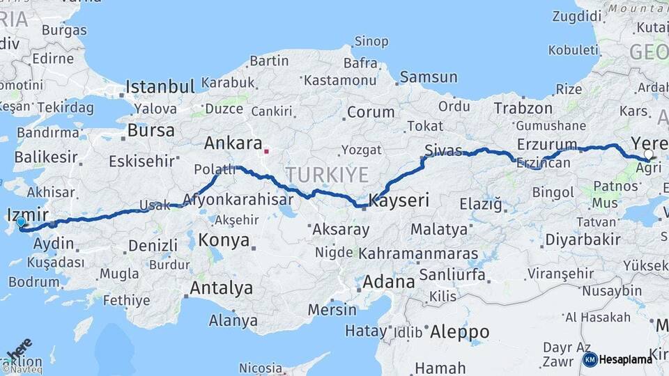 İzmir Çeşme Ağrı Arası Kaç Km - Yol Haritası