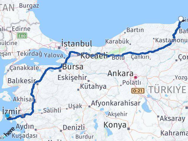 İzmir Çeşme Alaçatı Sinop Arası Kaç Km - Yol Haritası