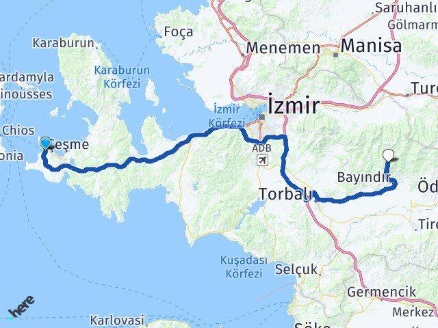 İzmir Çeşme Alankıyı Bayındır Arası Kaç Km - Yol Haritası