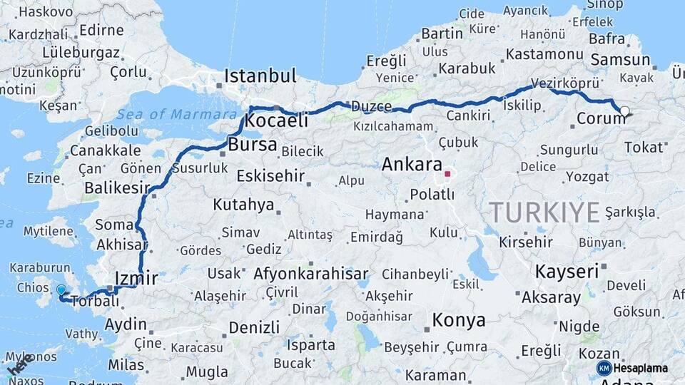 İzmir Çeşme Amasya Arası Kaç Km - Yol Haritası