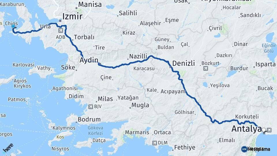 İzmir Çeşme Antalya Arası Kaç Km - Yol Haritası