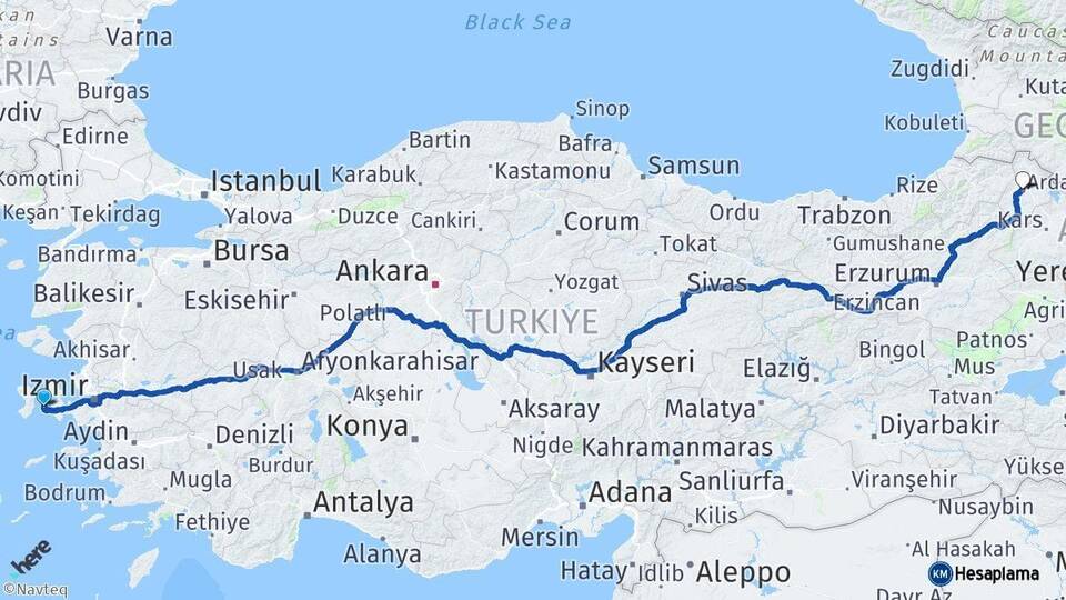 İzmir Çeşme Ardahan Arası Kaç Km - Yol Haritası