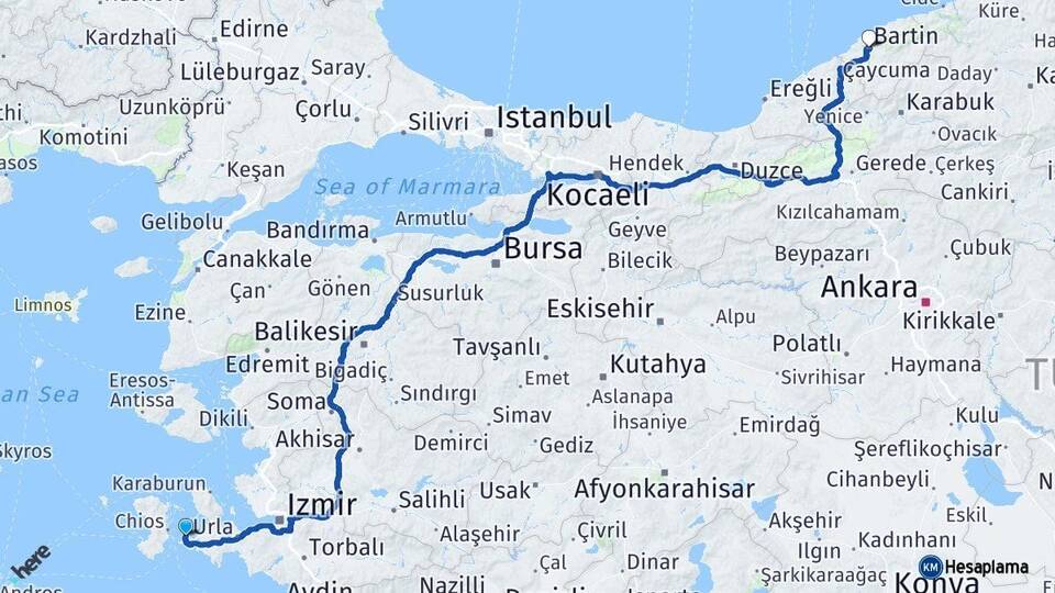 İzmir Çeşme Bartın Arası Kaç Km - Yol Haritası