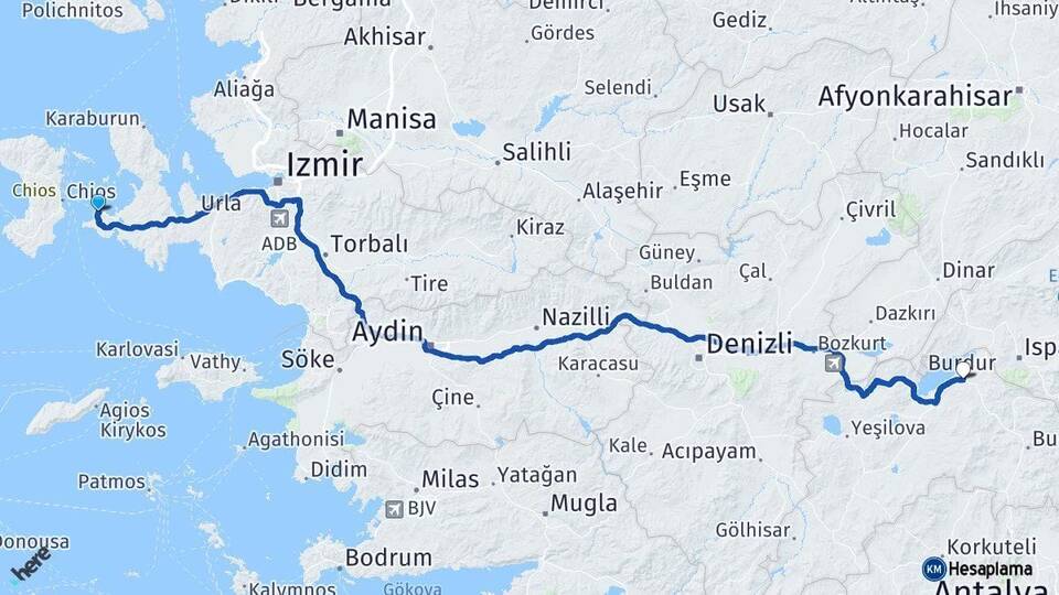 İzmir Çeşme Burdur Arası Kaç Km - Yol Haritası