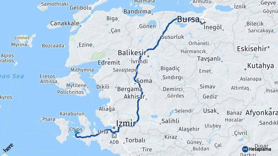 İzmir Çeşme Bursa Arası Kaç Km - Yol Haritası