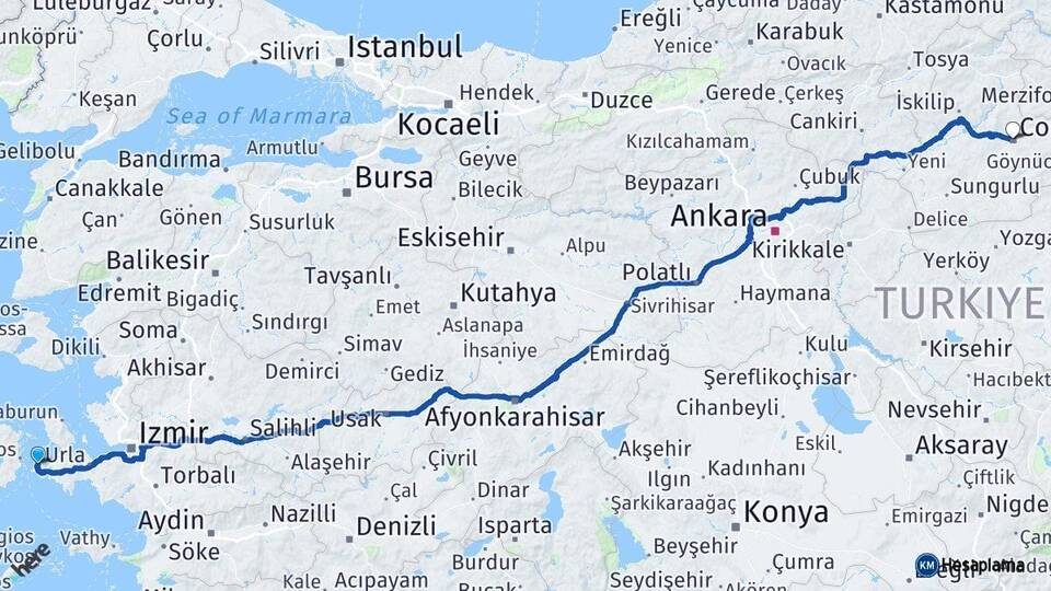 İzmir Çeşme Çorum Arası Kaç Km - Yol Haritası