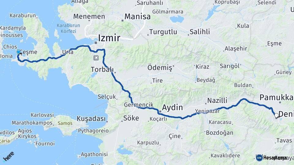 İzmir Çeşme Denizli Arası Kaç Km - Yol Haritası