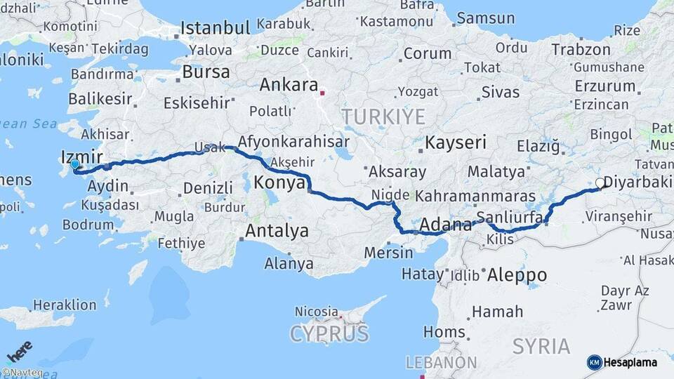 İzmir Çeşme Diyarbakır Arası Kaç Km - Yol Haritası