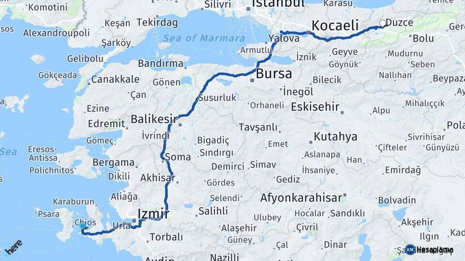 İzmir Çeşme Düzce Arası Kaç Km - Yol Haritası