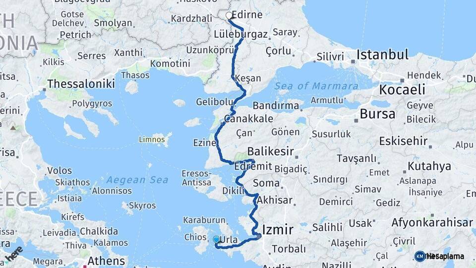 İzmir Çeşme Edirne Arası Kaç Km - Yol Haritası
