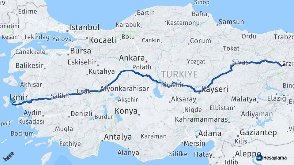 İzmir Çeşme Erzincan Arası Kaç Km - Yol Haritası