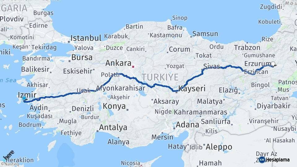 İzmir Çeşme Erzurum Arası Kaç Km - Yol Haritası
