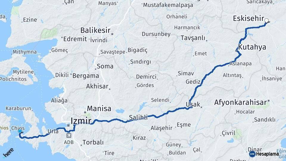 İzmir Çeşme Eskişehir Arası Kaç Km - Yol Haritası