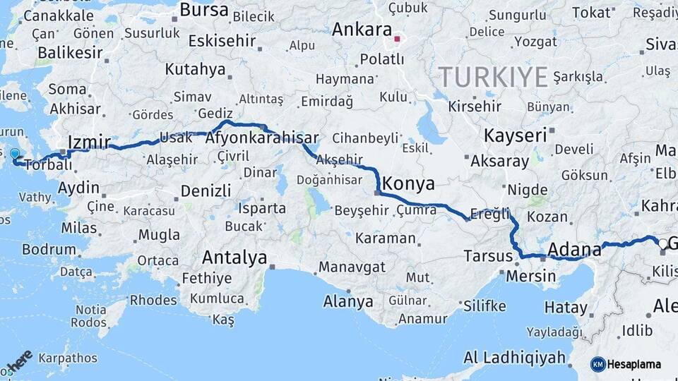 İzmir Çeşme Gaziantep Arası Kaç Km - Yol Haritası