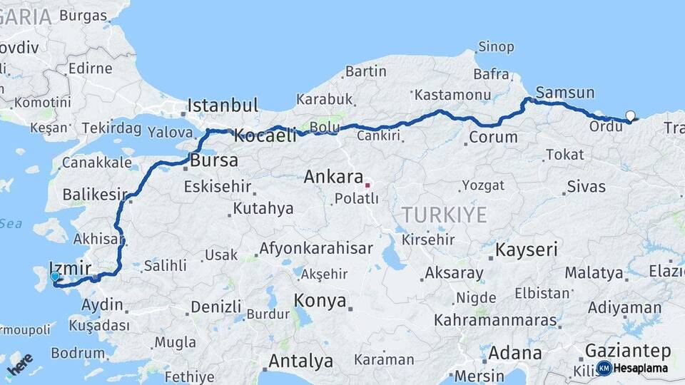 İzmir Çeşme Giresun Arası Kaç Km - Yol Haritası