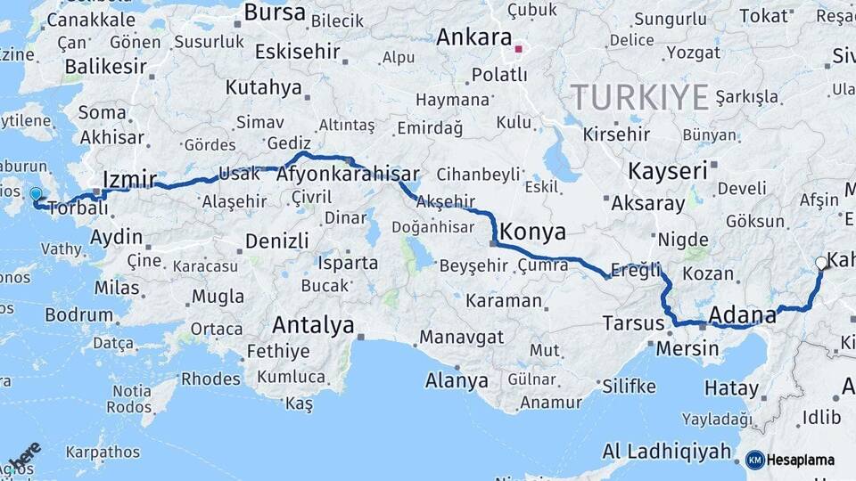İzmir Çeşme Kahramanmaraş Arası Kaç Km - Yol Haritası