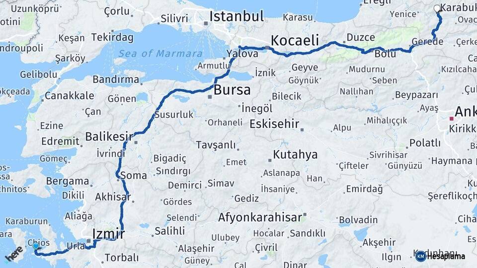 İzmir Çeşme Karabük Arası Kaç Km - Yol Haritası