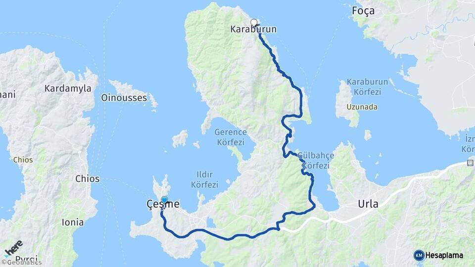 İzmir Çeşme Karaburun Arası Kaç Km - Yol Haritası